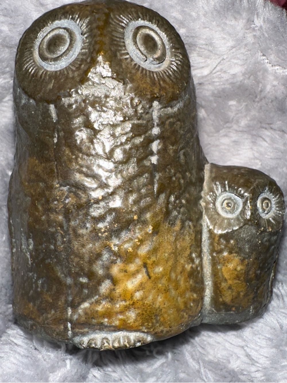 Carved Stone Owl Figurines in Olive Green and Brown